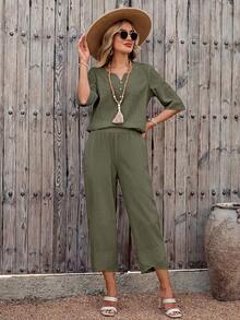 EMERY ROSE Women's Vacation Solid Color V-Neck Shirt And 3/4 Pants Set,Vacation Outfits Women - Green - View 3