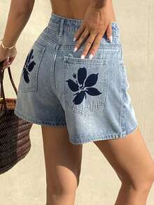 DAZY Quần short denim in họa tiết thường ngày dành cho nữ/bé gái - Rửa nhẹ - Xem 5