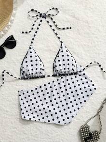 Costavie Bộ đồ bơi nữ đi biển mới Xuân/Hè, quần short bikini dễ thương cho nữ, cúp tam giác, họa tiết chấm bi, màu xanh mờ, nâu, trắng, đa màu - Đen và trắng - Xem 3