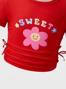 SHEIN 2pcs/Set Young Girls Fuchsia Round Neck Short Sleeve Floral Print Waist T-Shirt And Sunflower Print Effect Long Pants - Red - View 8