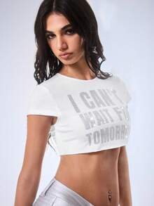 Y2Kool White Slogan Letter Rhinestone Y2K 2000s Graphic Street Wear Babe Casual Street Crop Top Tee, Suitable For Spring/Summer Night Out Club, Festivals - White - View 4