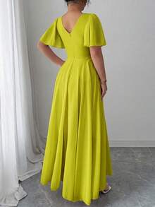 Elenzga Plus Size Women's Spring/Autumn V-Neck A-Line Chiffon Ruffle Sleeve Elegant Romantic Maxi Dress, Suitable For Party, Wedding Guest - Mustard Yellow - View 2