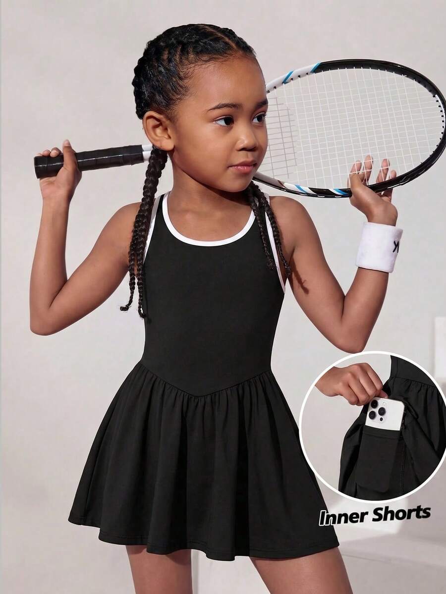 SHEIN Young Girls' Casual Sports Contrast Color Criss-Cross Racerback Dress - Black and White - View 1