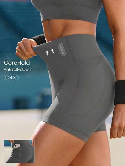 GLOWMODE Quần short biker FeatherFit™-Sculpt Pavement Pusher 4.3" không đường may phía trước, hỗ trợ định hình vòng bụng, có túi bên hông và dải chống trượt, thích hợp cho chạy bộ, tập luyện thể dục cường độ trung bình.