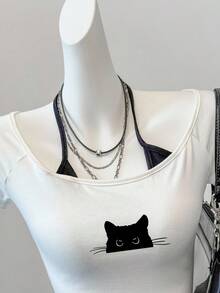 Attitoon Kaos Kasual Minimalis Bergambar Kucing Hitam Lucu, Kaos Lengan Pendek Blok Warna Retro untuk Wanita, Cocok untuk Musim Panas, Atasan Musim Panas - MultiWarna - View 4