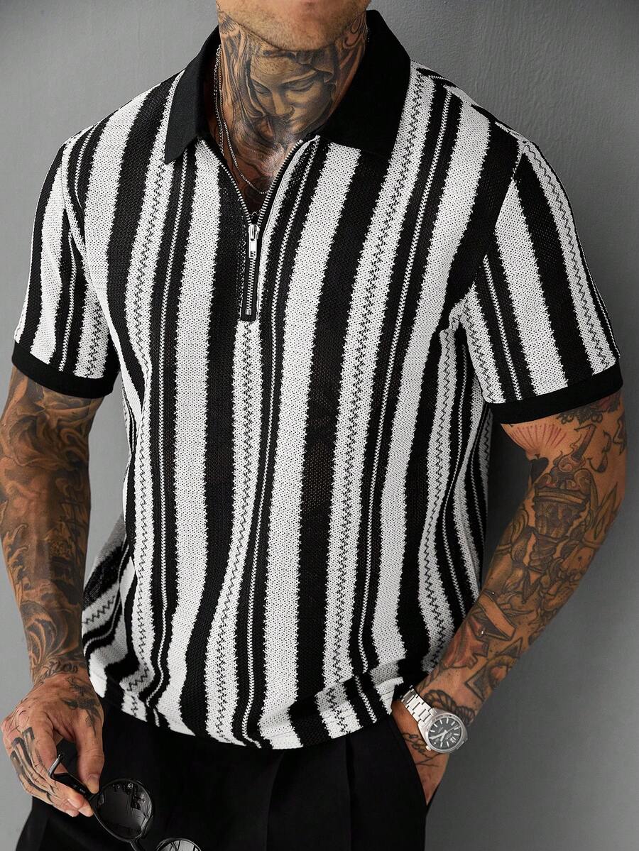 SLATEMANN Camisa polo de verano casual para hombres con bloques de color y rayas - Blanco y Negro - Ver 1