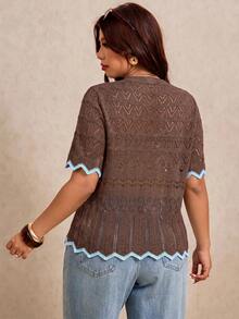 Elaquor Plus Size Women Crochet Hollow Out Button Cardigan - Coffee Brown - View 2