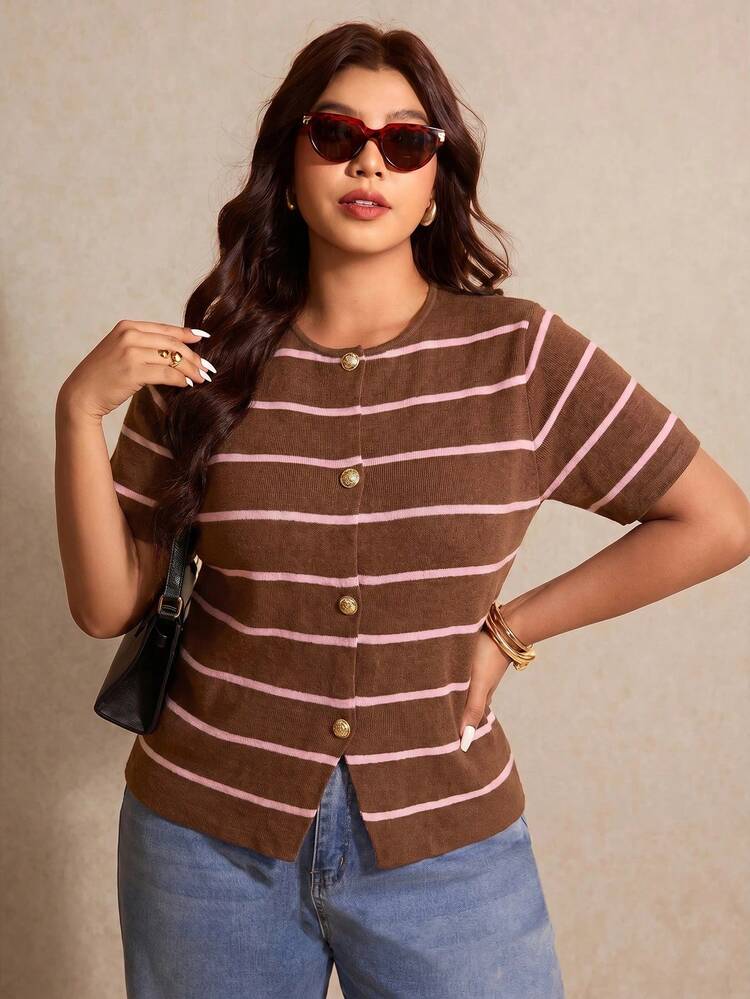Elaquor Plus Size Colorblock Striped Short Sleeve Knit Top - Brown - View 4