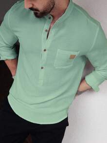 Manfinity Homme Men's Half Placket Long Sleeve Casual Shirt With Pockets, For Fall, Formal - Green - View 3