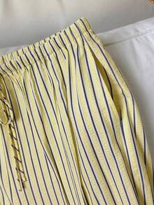 SHEIN Tall CURVE Plus Size Yellow Striped Print Tie-Front Loose Pants - Yellow - View 5