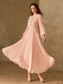 MOTF PREMIUM WOMEN'S ROMANTIC ELEGANT LACE PATCHWORK PLEATED LONG DRESS, SPRING/SUMMER - Dusty Pink - View 1