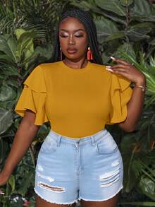 Slaydiva Plus Size Summer Holiday Multilayer Ruffle Sleeve Bodycon Bodysuit Bodysuits For Women Pluswhite Bodysuitplus Size Bodysuit - Mustard Yellow - View 5