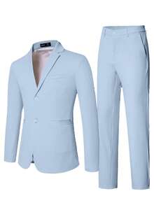 Manfinity Mode Men's Solid Color Casual Commuter Blazer & Pants Formal Suit Clothes Formal - Baby Blue - View 3