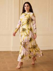 ZEYLAH Vestido ajustado elegante de malla tejida con estampado y fruncido, para primavera/verano - Verde - Ver 1