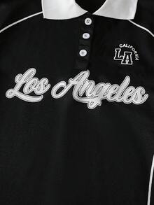 Áo Polo nam tuổi teen, in chữ, tay ngắn, kiểu dáng thường ngày, có cổ, in chữ "Los Angeles", thích hợp mặc thường ngày, mùa tựu trường, phong cách sinh viên. - màu đen - Xem 5