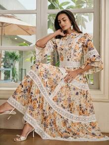 Anewsta Vestido maxi elegante y de alta gama para mujer con diseño de cintura estilizante, estampado digital de contraste y encaje, volantes en el bajo, sin mangas, para resort y citas, primavera/verano - Multicolor - Ver 3
