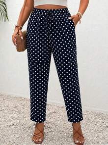 Lounesse Plus Size Navy Blue Polka Dot Print Casual Pants, Suitable For Summer - Multicolor - View 1