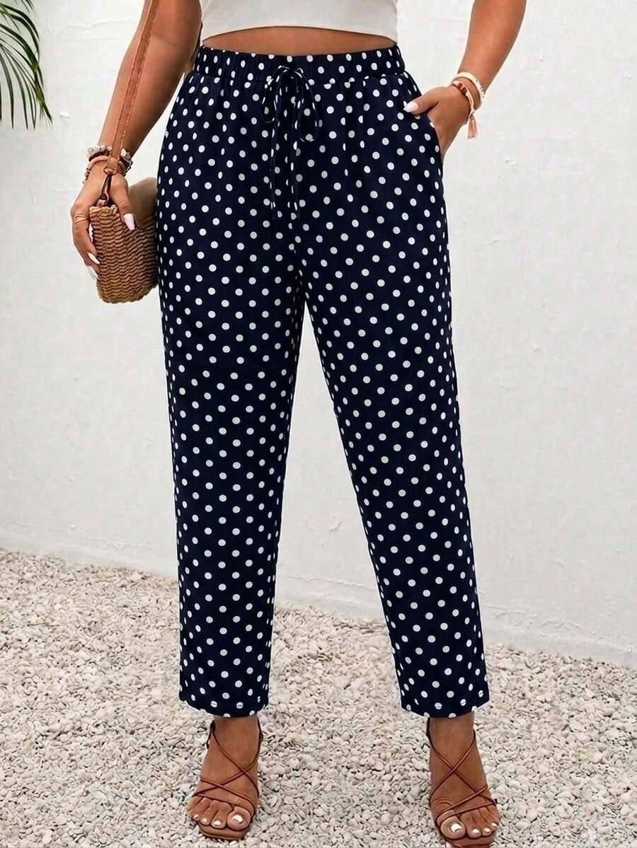 Lounesse Plus Size Navy Blue Polka Dot Print Casual Pants, Suitable For Summer - Multicolor - View 1