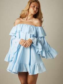MISSGUIDED Đầm ngắn trễ vai bằng vải chiffon màu xanh nhạt với tay chuông và các lớp xếp tầng bồng bềnh, thích hợp cho mùa xuân hè. - Màu xanh nhạt - Xem 6
