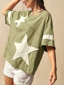 Bohemela Plus Size Women Summer Casual Fashionable Street Daily Commute Contrast Color Star Patch Loose T-Shirt - Army Green - View 5