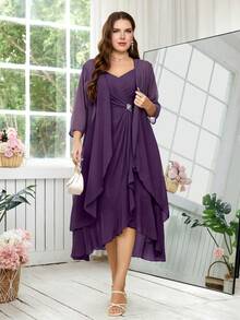 Reflora Plus Size Elegant Party Formal Wedding Guest Solid Color Jacket With Ruffle Trim Spaghetti Strap Wrap Dress 2-Piece Set Dark Purple Autumn Fall - Purple - View 3