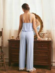 Côtesoire Conjunto de Camisola e Calça de Pijama Romântico Elegante de Renda Francesa com Retalhos, Adequado para Casa e Casamento - Azul - Visão 2