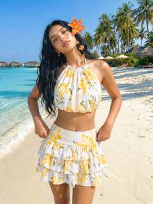 Sweetina Bộ 2 món gồm áo croptop tay cánh hoa và chân váy mini xếp tầng dành cho nữ, phong cách nghỉ mát. - Màu vàng - Xem 4