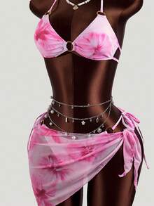 Zestiva Women's Summer Vacation Beach Romantic Floral Print Halter Bikini Set Set With Cover-Up And Skirt - Pink - View 6