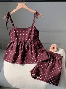 Conjunto de 2 piezas de camiseta sin mangas y pantalones cortos con estampado de lunares para vacaciones, lunares negros - Marrón - Ver 8