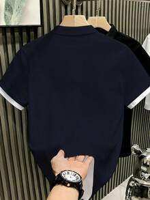 Manfinity Hypemode 男士拼布靛蓝色休闲Polo衫，饰有马匹标志 - 彩色 - 查看 2