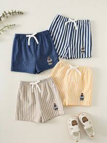 SHEIN 4pcs/Set Baby Boy&Girl Summer Cute Casual Versatile Striped Cartoon Pattern Elastic Waist Shorts,Beach Multi-Pack,All-Match - Multicolor - View 5