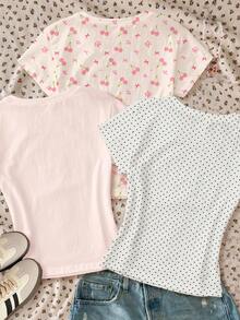 3pcs/Set Teen Girls' Casual Minimalist Crew Neck Short Sleeve High Waist Cropped Regular T-Shirts, Suitable For Summer - Multicolor - View 2