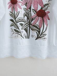GlowEve Camiseta de manga corta blanca con cuello en V, bordado floral de plantas verdes, estampado de perlas, patchwork con ribete de encaje, top casual para mujer, uso diario, versátil para jóvenes, ropa de vacaciones, ropa casual, artesanía de alta calidad, adecuada para celebraciones festivas, vacaciones en la playa, festival de música, temporada de regreso a la escuela, Día del Maestro, Día de la Madre, todas las estaciones, cena en la playa y otras ocasiones, atuendo casual de vacaciones diario de moda - Multicolor - Ver 5