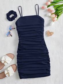 SHEIN 1pc Solid Color Ruched Camisole Dress With 1pc Hair Scrunchie, For Teenage Girls - Navy Blue - View 7