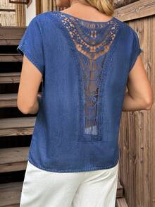 Breezaya Áo sơ mi denim tay ngắn đa năng dành cho nữ, phối ren, khoét lưng. - Màu xanh lam - Xem 4