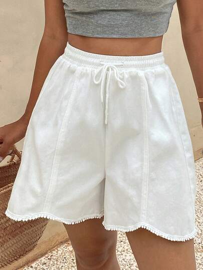 Livesso Quần short denim nữ dáng rộng, màu trơn, cạp chun, màu trơn, thích hợp mặc đi nghỉ mát và đi làm, đa năng cho mùa hè.