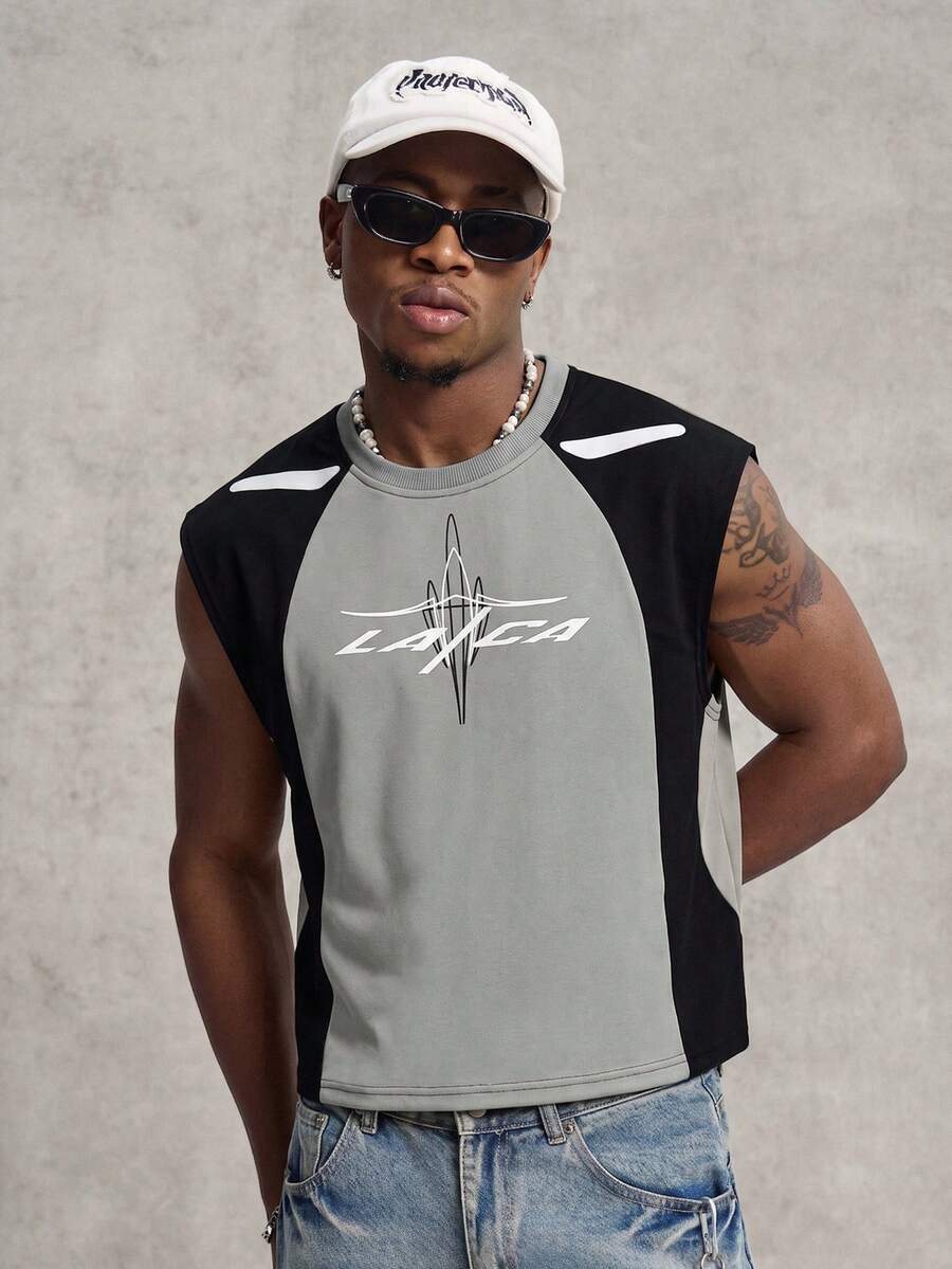 PAVTROS Men's Patchwork Sleeveless Vest,Dark Grey Summer Streetwear Workout Oversized Cropped Top,Functional Sporty Style,Minimalist CleanFit,Y2K Racing - Black - View 1