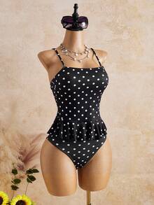 SHEIN Swim 女款波點分體式泳衣套裝 三角泳褲 夏季度假海灘可愛風 黑白波點 - 黑與白 - 查看 4