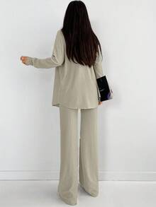 EURMUSE 女士春夏實色落肩長袖襯衫，短背心和長褲休閒三件套裝 - 杏色 - 查看 2