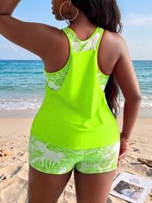 Swim Lushoire Plus Size Women Beach Beach Vacation Vacation Ruched Tankini Top And Shorts Swimwear Set Summer - Green - View 2