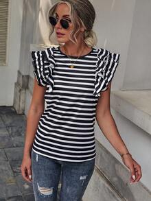 SHEIN LUNE Camiseta de rayas de manga mariposa - Blanco y Negro - Ver 3
