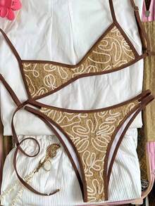 Swim Vcay 女士吊带橙色花卉印花性感沙滩度假泳衣套装 - 棕色 - 查看 1