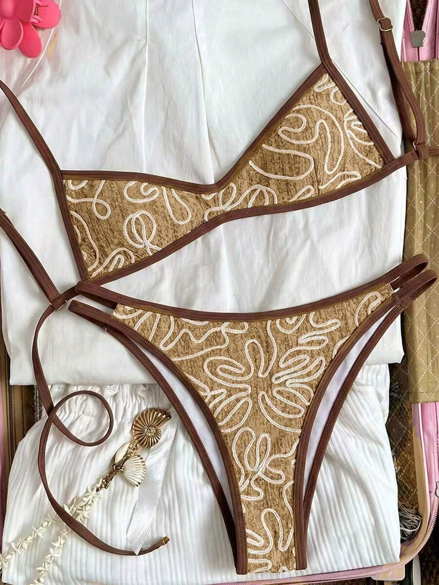 Swim Vcay 女士吊带橙色花卉印花性感沙滩度假泳衣套装 - 棕色 - 查看 1