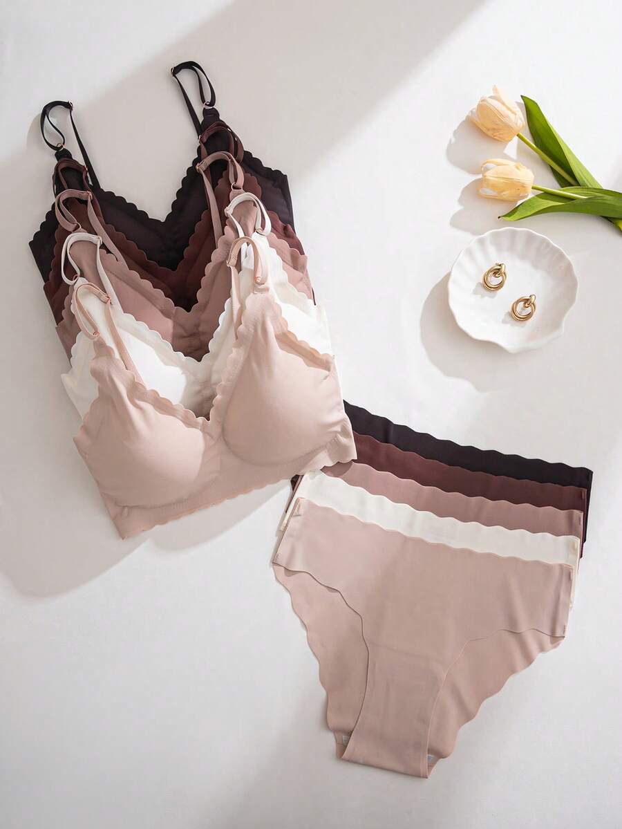 SHEIN 10 piezas Conjunto de lencería cómoda y sin costuras con acabado ondulado - Multicolor - Ver 1