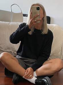 DAZY 纯色圆领宽松长袖短袖女式T恤 - 黑色 - 查看 5