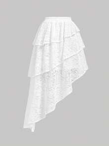 SHEIN MOD Váy xếp tầng nhiều lớp ren trắng bất đối xứng - trắng - Xem 2