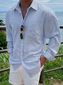 DAZY Blue Striped Long Sleeve Shirt For Men, Spring - Blue - View 6