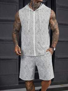 DAZY Men's Summer Casual Fashionable Street Texture Floral Print Sleeveless Zip-Up Drawstring Hooded Vest And Shorts Set, Suitable For Daily Commute - Khaki - View 5