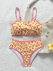 SHEIN Bộ bikini cho bé gái tuổi teen, mẫu mới mùa hè, 2 mảnh, họa tiết hoa và kẻ caro ngẫu nhiên, áo và quần bikini tam giác buộc dây cổ, đồ bơi đi biển. - Nhiều màu - Xem 6