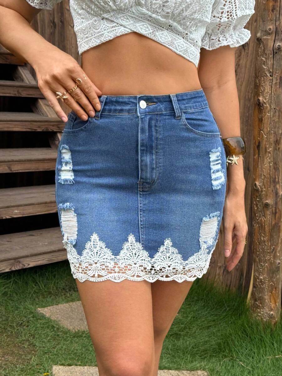 Breezaya Chân váy ngắn denim ôm sát rách rưới phối ren dành cho nữ - Màu xanh lam - Xem 1